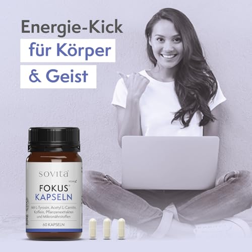 sovita Fokus Kapseln | Mit Koffein & Vitamin B12 für Konzentration & mentale Leistung | L-Tyrosin, Acetyl-L-Carnitin & L-Theanin aus grünem Tee | Zink für die kognitive Funktion | Vegan | 60 Kapseln