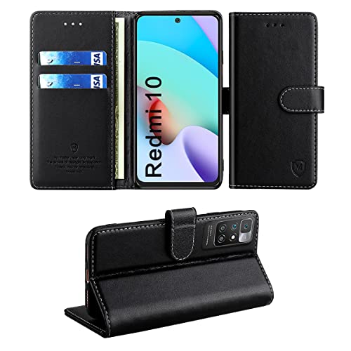FMPC Coque pour Xiaomi Redmi 10, Premium Luxe PU Cuir Portefeuille Livre Housse avec Fermeture Magnétique Flip Tenphone Etui Protection Case Compatible Xiaomi Redmi 10 -Noir Cover