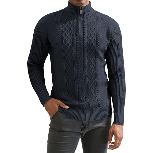 Men's Quarter Zip Up Sweater Cable Knit Long Sleeve Twist Patterned Textured Half Zip 1/4 Pullover Sweaters Fall