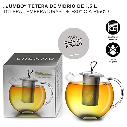 Creano Tetera JUMBO, Tetera de Vidrio en 3 Piezas en un Juego de Tetera con Filtro Integrado de Acero Inoxidable y Tapa de Vidrio | 1,5L - Imagen 5