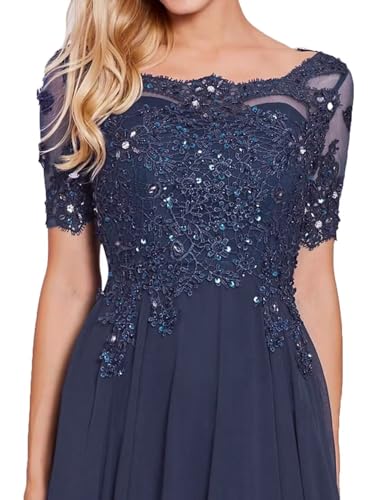 Chiffon Mother of The Bride Dresses Women's Lace Applique Beaded Formal Dresses Short Sleeve Evening Gowns2