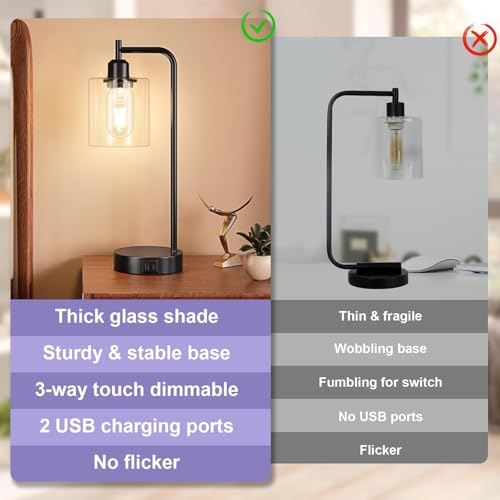 Aooshine Bedside Lamps Set of 2, Industrial Touch Lamps Bedside with USB C+A Charging Ports, Bedside Table Lamps for Bedroom, Black Bedside Lamps with Clear Glass Shade for Living Room(Bulbs Included) - Image 3