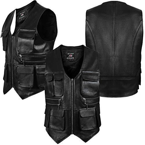 4Fit Genuine Cow Leather Mens Vest Fishing Photography Vest With Many Pockets (2XL)