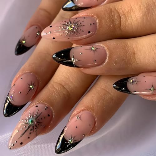 24pcs Black False Nails,Black Press on Nails,Almond Press on N/ails,False N/ails Medium Almond Acrylic Na/ils,P/ress Shiny F/alse Na/ils with Diamond Stars Light Designs Natural Glue Nail