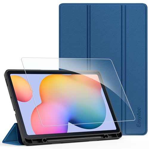 EasyAcc Custodia Cover Compatibile con Samsung Galaxy Tab S6 Lite 10.4 Pollici 2024/2022/2020 SM-P610N/P615N con Vetro Temperato-Ultra Sottile con Cover Leggero Supporto in Pelle PU Case, Blu Mare