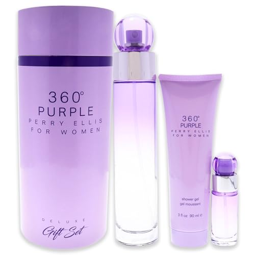 Perry Ellis 360° Purple Gift Set - 3.4 fl oz eau de parfum, 3 oz shower gel, .25 fl oz travel spray - blackberry, peach, pink apple, tuberose, muguet, rose, jasmine, mimosa, sandalwood, oak moss, musk