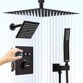 Boridoax Matte Black Thermostatic Shower System with Ceiling Mount 12" Rainfall Shower & 6" Wall Mount Shower Dual Shower Head System with Handheld Spray Shower Facuet Set, Can Use All at Once
