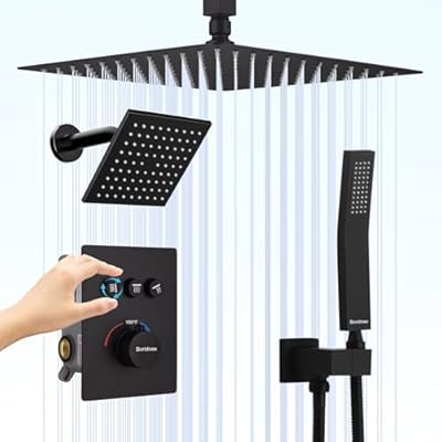 Boridoax Matte Black Thermostatic Shower System with Ceiling Mount 12" Rainfall Shower & 6" Wall Mount Shower Dual Shower Head System with Handheld Spray Shower Facuet Set, Can Use All at Once