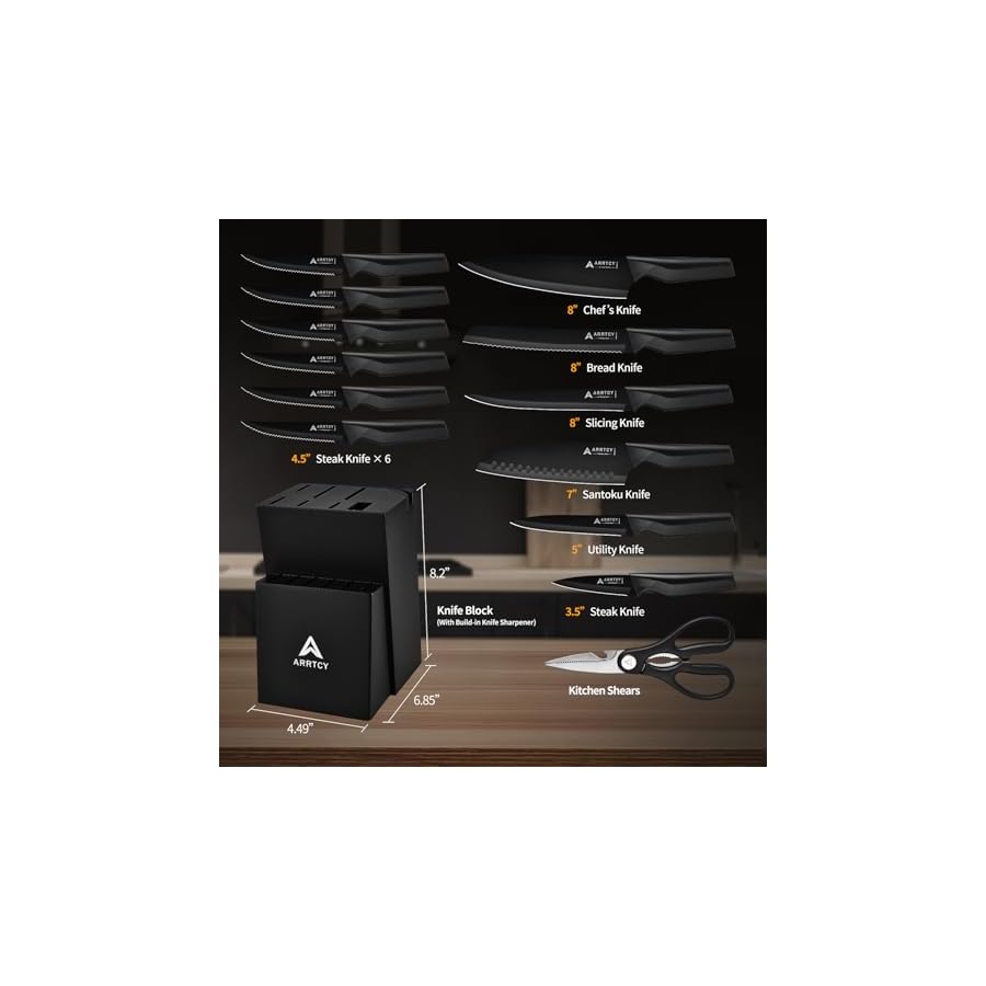 Arrtcy Knife Set,Kitchen Knife Set with Built-in Sharpener knife block set dishwasher safe 15 piece, Anti-slip Handle,German Stainless Steel, Elegant Gift for Holiday (black)