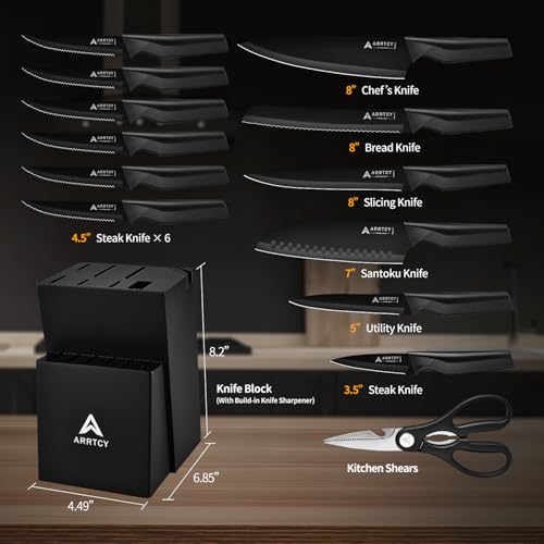 Arrtcy Knife Set with Block - Kitchen Knife Set German High-Carbon Steel - 15-Piece with Built-in Sharpener & Dishwasher Safe - Ergonomic Anti-Slip Handles,Black,Gift Box Included by Arrtcy - Image 2