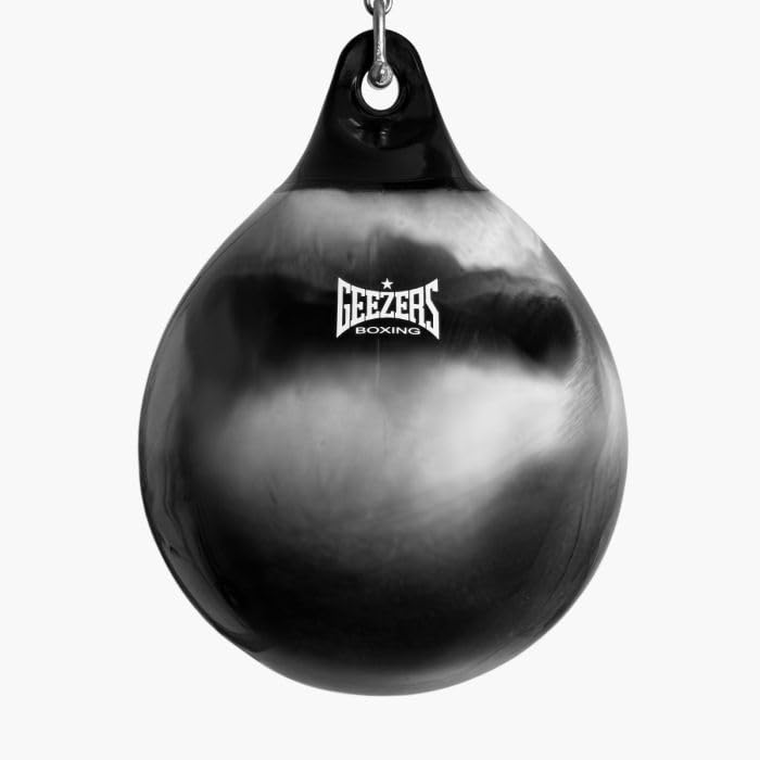 Geezers Marble Pro Water Punchbag – 12", 15" & 18" Water-Filled Heavy Bag, Shock Absorbing, Waterproof & UV-Resistant Hanging Boxing Bag for Accuracy, Power & Head Movement (Black/Silver, L(18")54kg)