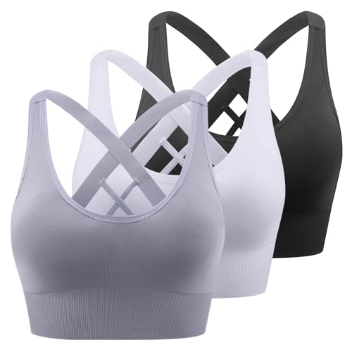 Image of Sports Bra, Workout Tops for Women, Medium Impact Strappy Padded Sports Bras for Women High Support (Medium, 003 Style Black & White & Gray 3pieces)