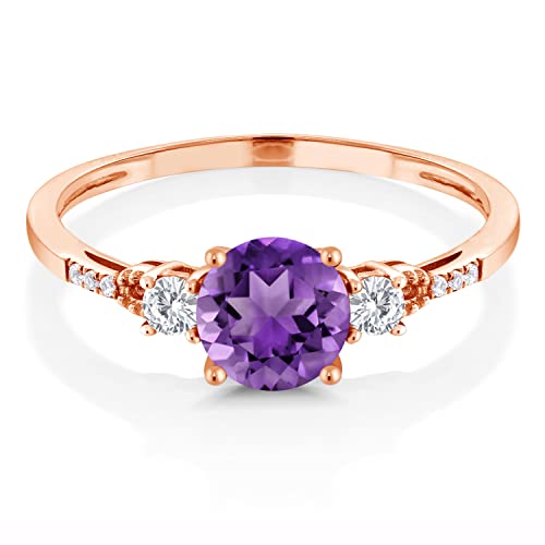 Gem Stone King 10K Rose Gold 6MM Round Gemstone Birthstone White Created Sapphire and White Diamond Accent 3-Stone Engagement Ring | Three-Stone Wedding Anniversary Promise Ring For Women3