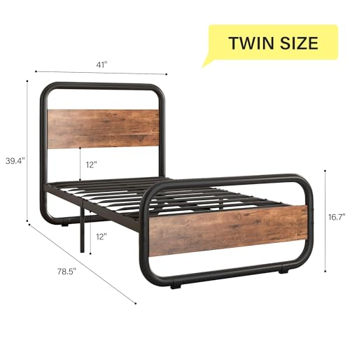 Catrimown Twin Bed Frame, Twin Size Bed Frame with LED Wood Headboard, Heavy Duty Metal Rustic Platform Bed Frame with Under Bed Storage, Noise Free, No Box Spring Needed, Rustic Brown