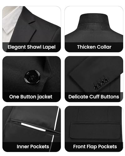 WULFUL Men's Slim Fit 3 Piece Suit, One Button Solid Blazer Business Party Jacket Vest Pants Set Black