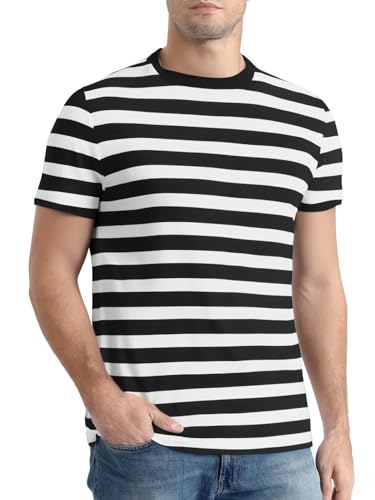 Funny World Black and White Striped Shirt Men Cotton Short Sleeve Casual Basic Tee, 3X-Large