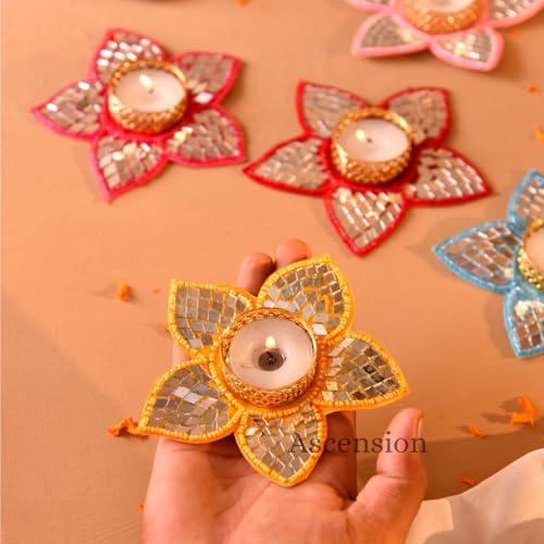 Image of Ascension Pack of 5 Decorative Mirror Floral Tealight Candle Holder Multicolor Star Design Reusable Diya for Floor Rangoli Decorative Items for Gift Indoor Outdoor Diwali Decoration Home Office Decor