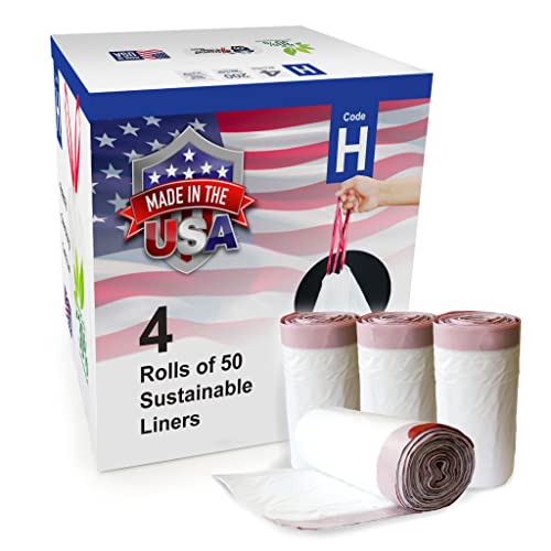 Compatible with Code H - 200 Count (4 Rolls) Durable Custom Fit Plastic Trash Bags w/Drawstring - 30-35 Liter/ 8-9 Gallon Trash Cans - Heavy Duty Garbage Bag - Made in USA
