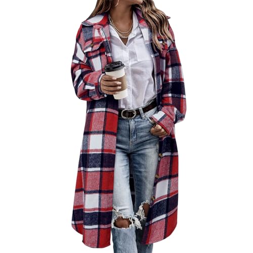 Long Plaid Shirts for Women Flannel Shacket Oversized Long Sleeve Jacket Fall Fashion Casual Button Down Trench Coat