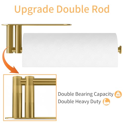 Image of STWWO Under Cabinet Paper Towel Holder, Self Adhesive PaperTowel Rack, Gold | Under Counter Under Sink Paper Towel Holder, Self-Adhesive or Wall Mounted, Fits Kitchens Bathrooms & RV
