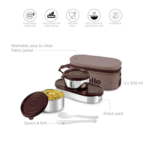 Image of CELLO Bite Buddy Deluxe Set of 3 Pcs Stainless Steel Lunch Box with Bag for Daily Office Use Brown | 2x300ml Round Steel Container, 1x500ml Oval Container, Fork & Spoon Spillproof Airtight Tiffin Box
