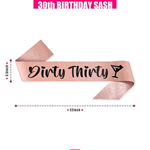 PartyForever Rose Gold 30th Birthday Sash with Dirty Thirty Black Letters 32 inch Long Dirty 30 Thimed Birthday Decorations Sash4