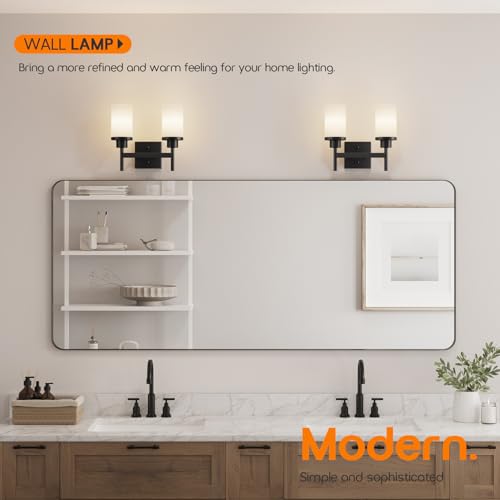 Image of Wall Light Fixtures Matte Black Bathroom Vanity Lights Over Mirror with White Frosted Glass, Double Wall Lamps for Hallway Washroom Porch T001MB-L2