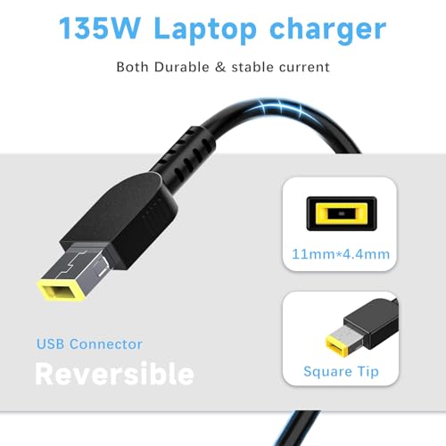 Image of 135W Laptop Charger Compatible with Lenovo IdeaPad Gaming 3 15ACH6 15ARH7 16IAH7 ThinkPad P15v P16v T15p Gen 1 2 3 ThinkBook 15p, 20V 6.75A Yellow Square Slim Tip AC Power Adapter Cord