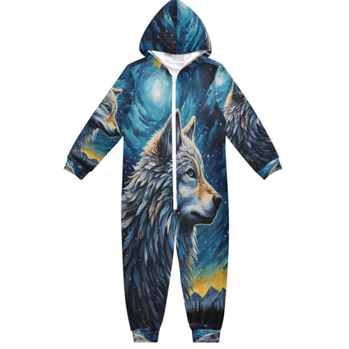 Mnsruu Pyjama une pièce à capuche pour enfants avec motif loup la nuit - Fermeture éclair - Pour garçons et filles, multicolore, 13 ans