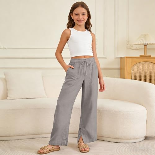 Image of Girls Linen Pants Wide Leg School Uniform Pants Cozy Elastic Waist Summer Casual Beach Lounge Trousers with Pockets