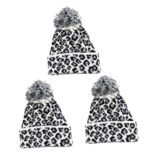 Bonnet léopard blanc hiver avec pompon en laine douce pour femme lot de 3