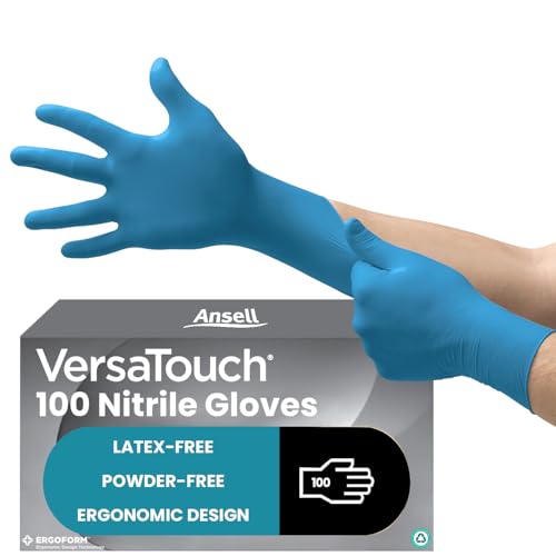 Ansell VersaTouch 92-465 Nitrile Disposable Gloves, Chemical Resistant, Mechanical Protection, DIY Applications, Examination Glove, Industrial Safety PPE, Size M (100 Pieces)