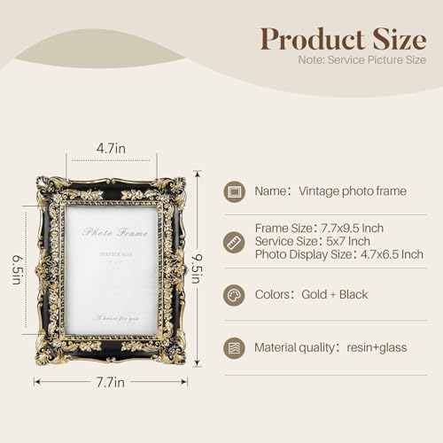Vintage Black and Gold Picture Frame 5x7, Ornate Baroque Resin Handcrafted Picture Frames with Glass Front, Antique Textured Design Decorative Frame for Tabletop & Wall Display