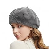 Plush Faux Fur French Beret Hat, Beige, Soft Winter Fashion Cap, Classic Round Shape (US, Alpha, One Size, Grey)