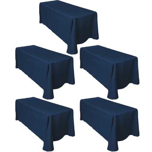 LTC LINENS 5-Pack Rectangular Tablecloths 90 x 156 in with Rounded Corners - Navy Blue Table Covers for 8 ft Table with Floor-Length Drop - Wrinkle Resistant Polyester Fabric Cloth for Wedding, Party
