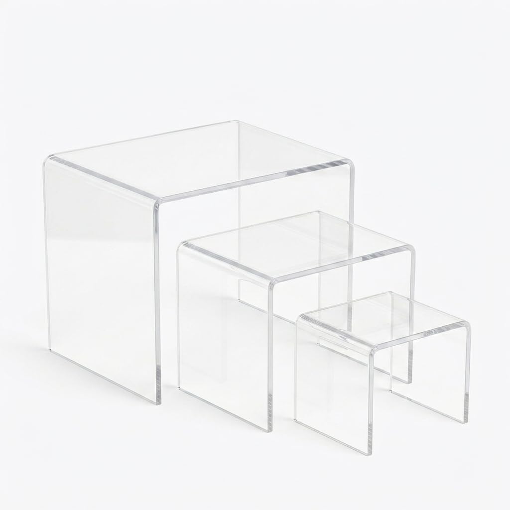 （6pack） Acrylic Display Riser Stand Set - Clear Stackable Showcase Shelves for Desserts, Jewelry, Toys & More - Multiple Sizes, Protective Film, Easy Clean Tiered Display for Kitchen