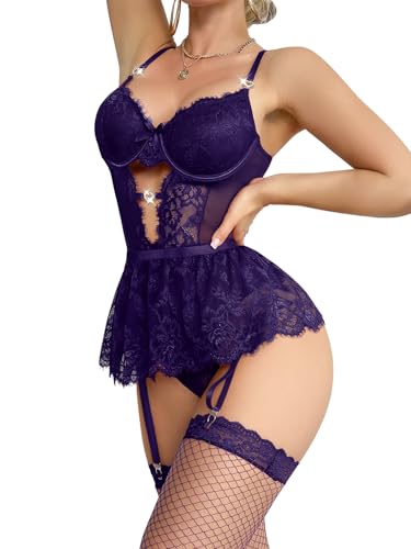 Image of Lilosy Sexy Lingerie Set 3 Piece Women Corset Bodysuit Skirt | Rhinestone Heart Stocking Garter Plus Size Underwire Mesh Sheer Lace Push Up Babydoll Halloween Christmas Valentine's Bridal