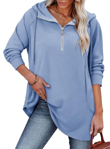 onlypuff Women Hoodie Pullover Trendy Quarter Zipper Lapel Sweatshirts Drawstring Cute Hooded Tunic Tops with Side Pockets