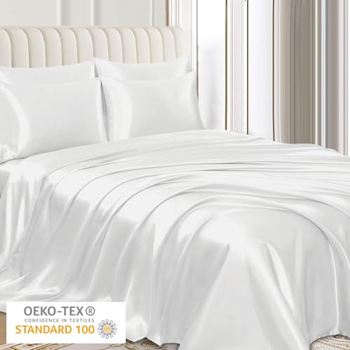 Pamposh Satin Silk Pillowcases For Hair And Skin 4 Pack Standard Size with Envelope Closure (4 Pcs Pillowcases (50 x 75 cm), White)