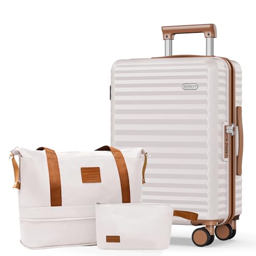 Image of SHOWKOO Suitcase Hardside Expandable Luggage Set, Suitcase with Double Spinner Wheels TSA Lock 3 Piece Set Beige White (DB /TB /24in)