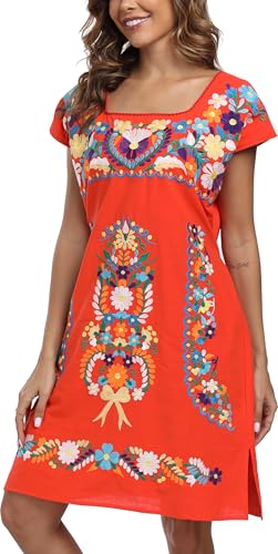 Image of YZXDORWJ Women Mexican Embroidered Dress Ruffle Collar Sleeveless
