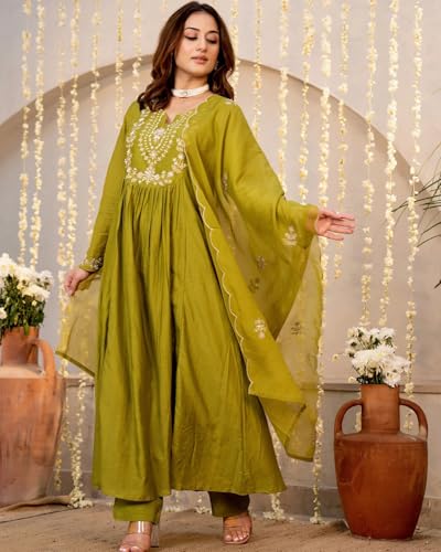 Image of Nermosa Women Embroidery Solid A-Line Kurta and Pant Set with Dupatta