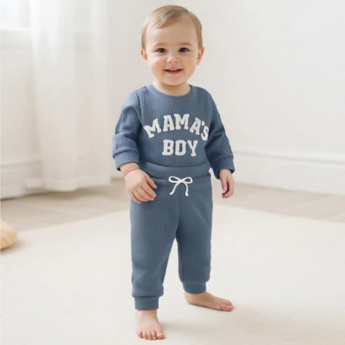 ZAXARRA Newborn Boy Clothes Mama Boy Embroidered Long Sleeve Romper Waffle Ribbed Pants Set Baby Fall Winter Outfit4