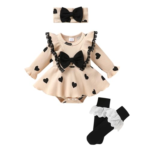 Image of CBHAIBLYD Newborn Infant Patterned Lace Ruffle Romper with Matching Socks and Headband Ribbed Baby Bodysuit Sets 0-18M