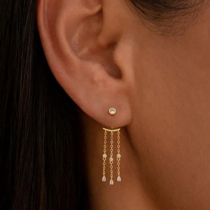 Dangle Earrings for Women, Dainty Gold Drop Earrings 14k Gold Plated Long CZ Bar Earrings for Women Trendy Simple Hypoallergenic Chandelier Stud Earrings Formal Wedding Prom Jewelry for Women - Image 2