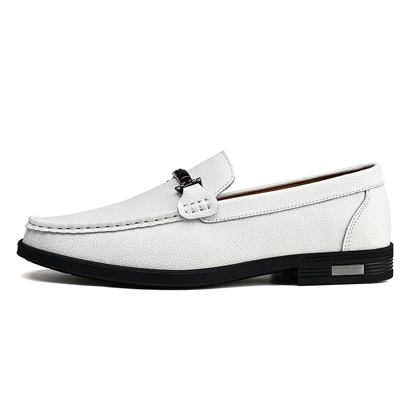 Men's Classic Leather Loafers, Slip-on Dress Shoes with Metal Buckle, Formal Business Moccasins,Black,White2