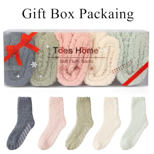 Image of Toes Home Fuzzy Slipper Socks for Women Thick Winter Fluffy Socks Womens Cozy Warm Plush Hospital Socks Non Slip 5 /6 Pairs