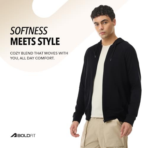 Image of Boldfit Sweatshirt for Man Zipper Hoodies Jackets for Men Stylish Hoodies Man Winter Wear Pullover Casual Sweat Shirt Travel Office Outdoor Cotton Blend with Pockets Full Zipper - Black