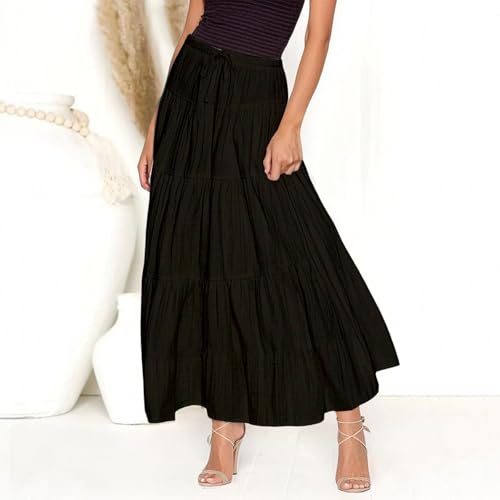 Skirts for Women Boho Tiered Pleated Maxi Skirts High Waist Drawstring Flowy Swing Skirt Solid Color Beach Vacation Clothes2
