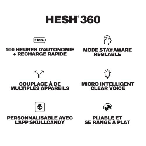 Skullcandy Hesh 360 Casque Circum-Auriculaire Bluetooth sans Fil, 100 Heures d’Autonomie, Conception Isolante du Bruit, Design Pliable, Microphone iPhone Android - Os